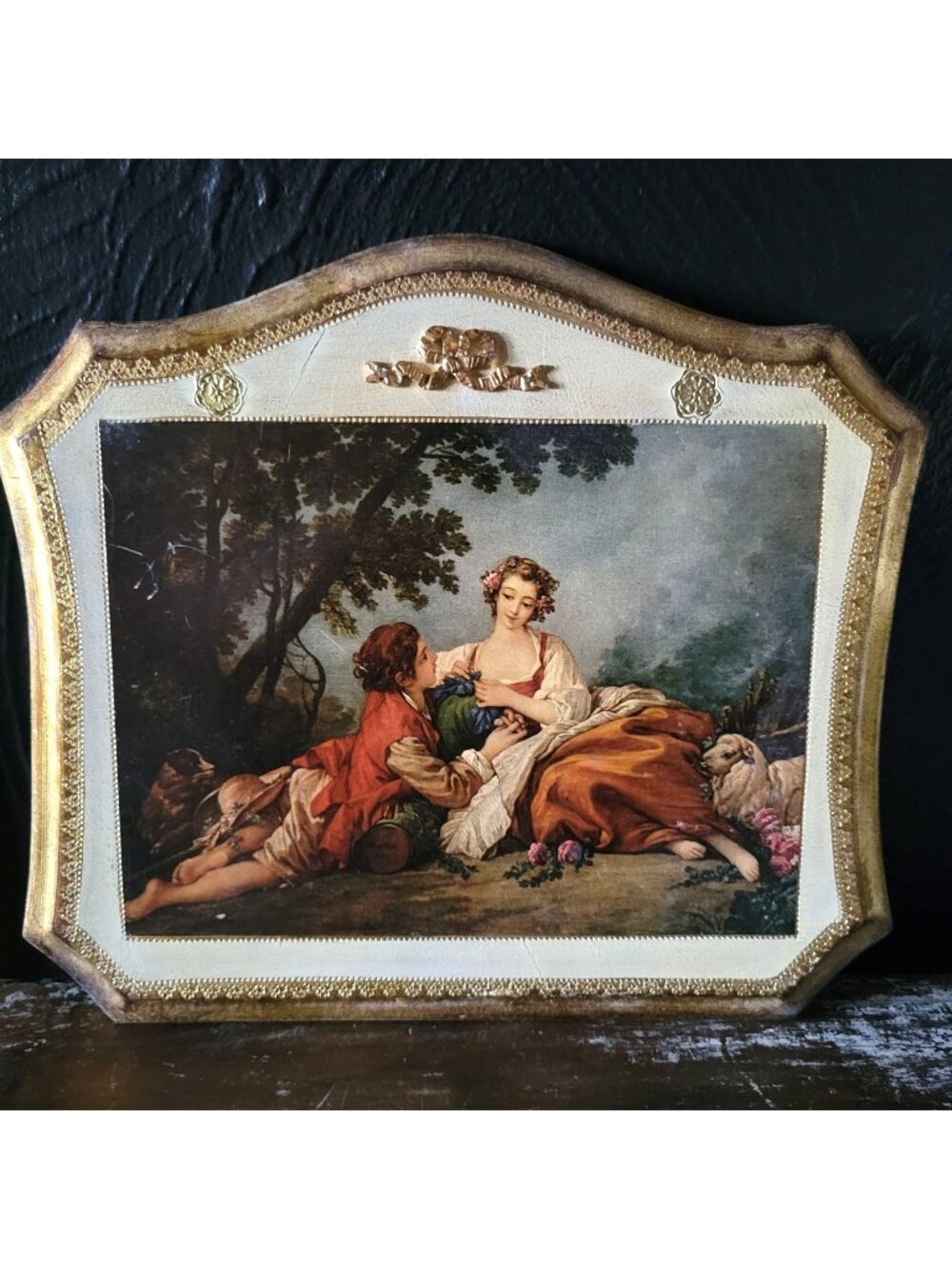 Vintage Florentine Gold Gilt Plaque With La Musette By François Boucher Rococo